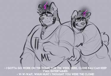 anthro arm_tuft barazoku bodily_fluids clone clothed clothed_anthro clothed_male clothing dialogue duo elbow_tuft facial_hair fake_screencap fully_clothed fully_clothed_anthro fully_clothed_male goatee grey_background hair male male_anthro nervous nervous_sweat open_mouth open_smile purple_spot_color pushing shirt simple_background smile sweat t-shirt tail talking_to_another teeth text text_on_clothing text_on_shirt text_on_topwear topwear tuft white_text melaisen bau_(melaisen) akita canid canine canis domestic_dog mammal spitz 2023 absurd_res digital_drawing_(artwork) digital_media_(artwork) english_text greyscale hi_res monochrome portrait sketch spot_color three-quarter_portrait