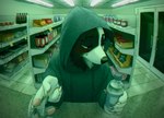 5_fingers anthro biped black_body black_fur blush bottle claws clothing container detailed_background disembodied_hand duo finger_claws fingers fisheye_lens fur gas_station grey_body grey_clothing grey_fur grey_hoodie grey_topwear holding_money holding_object hood hoodie humanoid_hands looking_away male male_anthro money night note pawpads red_eyes shelf solo_focus store topwear water_bottle white_body white_fur celeste_(artist) canid canine canis collie domestic_dog herding_dog mammal pastoral_dog sheepdog 2021 hi_res