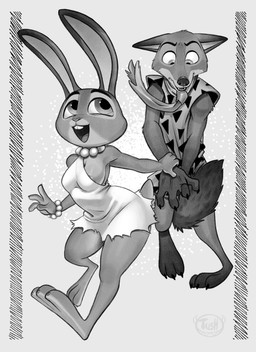 3_toes 4_fingers anthro areola areola_slip barefoot breasts clothed clothing cosplay covering covering_crotch crossover_cosplay dress duo fangs feet female fingers fur hindpaw humanoid_hands male male/female paws tail teeth toes wrist_grab tush_(artist) disney hanna-barbera the_flintstones zootopia fred_flintstone judy_hopps nick_wilde wilma_flintstone canid canine european_rabbit fox lagomorph leporid mammal oryctolagus rabbit red_fox true_fox absurd_res crossover hi_res