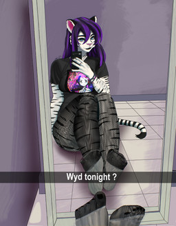 5_fingers 5_toes anthro beaded_jewelry beads black_hair blue_eyes breasts cellphone clothing dark_lips electronics eyeshadow feet female fingers floor foot_fetish hair highlights_(coloring) humanoid_feet jewelry legwear long_hair makeup mirror pantyhose phone plantigrade purple_highlights selfie shirt soles solo stripes t-shirt text tile tile_floor toes topwear fluxdivided sewerslvt snapchat nyla_(whitekitteh) felid feline mammal pantherine absurd_res hi_res huge_filesize trans_(lore) trans_woman_(lore)