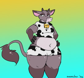 2_horns animal_print anthro belly belly_overhang black_bottomwear black_clothing black_collar black_shirt black_shorts black_topwear bottomwear clothed clothing collar cow_print cow_print_shorts cowbell crop_top deep_navel eyebrows eyelashes femboy fingers freckled_legs freckled_shoulders freckled_thighs freckles front_view fur gradient_background grey_body grey_fur half-closed_eyes hands_on_hips horn looking_at_viewer male moobs mouth_closed multicolored_bottomwear multicolored_clothing multicolored_shirt multicolored_shorts multicolored_topwear narrowed_eyes navel overweight overweight_anthro overweight_male pear-shaped_figure pink_nose shirt shorts simple_background snout solo standing tail tail_tuft thick_calves thick_thighs three-quarter_view topwear tuft two_tone_bottomwear two_tone_clothing two_tone_shirt two_tone_shorts two_tone_topwear white_bottomwear white_clothing white_shirt white_shorts white_topwear wide_hips zenonclaw zenonclaw_(character) bovid bovine cattle mammal 2026 dated digital_media_(artwork) flat_colors hi_res portrait signature three-quarter_portrait