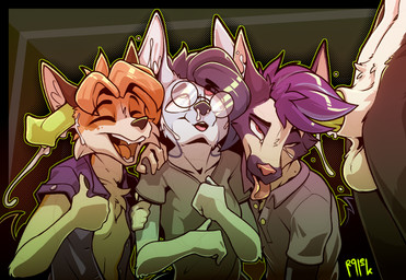 ahegao all_the_way_through animal_genitalia animal_penis anthro anthro_on_anthro anthro_penetrated anthro_penetrating anthro_penetrating_anthro balls big_penis blue_body blue_fur blue_hair bodily_fluids brown_body brown_fur button_(fastener) clothed clothing collared_shirt cross-eyed cum cum_from_nose cum_in_ear cum_in_eye cum_in_nose cum_inside ear_penetration ear_threading equine_genitalia equine_penis eyewear fur genital_fluids genitals gesture glasses group group_sex hair halftone_background hand_gesture happy long_penis looking_pleasured magenta_eyes male male/male mindfuck open_clothing open_mouth open_shirt open_smile open_topwear orange_body orange_fur pattern_background penetration penile penile_penetration penis penis_in_ear polo_shirt purple_hair sex sheath shirt simple_background size_difference smile squinted_eyes t-shirt thumbs_up tongue tongue_out topwear ralek drip_(dripponi) noxy_(noxy) roone_(rvnatics) stygiodeante_(ralek) canid canine canis fox jackal macropod mammal marsupial wallaby 2026 halftone hi_res
