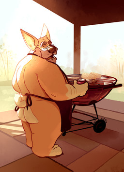 anthro apron arm_hair barbecue beard black_apron black_clothing body_hair butt can clothing container eyes_closed eyewear facial_hair fur glasses grey_beard grey_facial_hair head_tuft holding_can holding_container holding_object male mature_anthro mature_male obese obese_anthro obese_male open_mouth open_smile orange_body orange_fur overweight overweight_anthro overweight_male red_tongue smile solo standing tongue tuft white_body white_fur chocolateandmilk richard_(chocolateandmilk) canid canine canis domestic_dog mammal hi_res