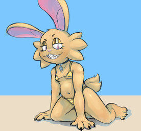 anthro beach bikini black_claws choker claws clothing dexter_(dexterx) femboy gold_bikini jewelry male mostly_nude necklace on_ground pink_nose sand smug_face smug_grin solo suggestive_pose swimwear tail two-piece_swimsuit dexterx lagomorph mammal colored digital_media_(artwork) digital_painting_(artwork) painting_(artwork) sketch