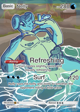 anthro balls belly big_belly big_penis casual_exposure casual_nudity genitals girthy grass green_eyes grin jewelry male mystic_water necklace necklace_only necklace_pull nipple_piercing nipples nude outside partially_submerged penis piercing plant pokemon_card relaxing rock sauna smile solo text text_box towel tree water judasthesinner nintendo pokemon generation_1_pokemon lapras pokemon_(species) english_text hi_res