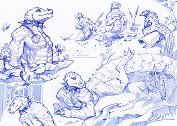 collar looking_at_viewer lounging male relaxed_expression solo spiked_collar spikes tail text ket-dawnatsunset shakran alligator alligatorid crocodilian reptile scalie hi_res url