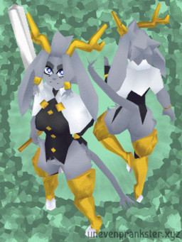 antlers big_ears blue_eyes butt clothing collared_shirt crotch_tuft dream_breaker_(pseudoregalia) female fur grey_body grey_fur hand_on_butt holding_object holding_weapon horn looking_at_viewer low_poly multiple_poses pose rear_view shirt solo tail topwear tuft weapon website_url unevenprankster pseudoregalia sybil_(pseudoregalia) bovid caprine goat jackalope lagomorph mammal 3:4 3d_(artwork) digital_media_(artwork) dithering full-length_portrait portrait watermark