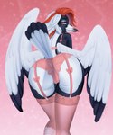 anthro beak bent_over black_body black_feathers clothing dipstick_beak feathers female legwear lingerie looking_back panties solo stockings underwear white_body white_feathers jessicanyuchi cynthia_(ripper253) artamid australian_magpie avian bird cracticinae oscine passerine 5:6 absurd_res hi_res