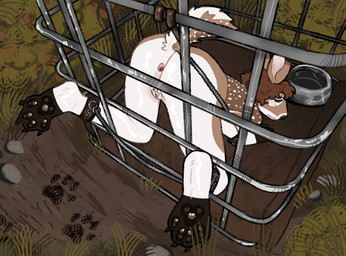 after_sex andromorph ankle_cuffs anthro anus bdsm blush bodily_fluids bondage bound bowl brown_body brown_fur brown_hair cage container cuff_(restraint) cum cum_in_vagina cum_inside dirt fur genital_fluids genitals hair intersex outside pawpads paws presenting restraints short_hair solo vulva white_body white_fur dogsexdotorg deer hybrid mammal
