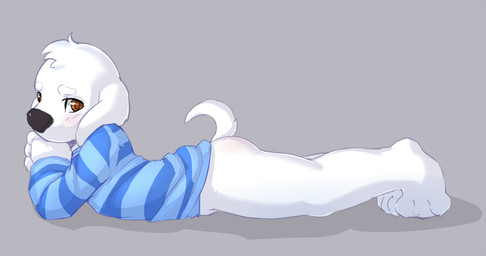 anthro barefoot biped black_nose blush bottomless brown_eyes butt clothed clothing feet fur looking_at_viewer lying male on_front pattern_clothing pattern_sweater pattern_topwear paws side_view small_tail solo striped_clothing striped_sweater striped_topwear stripes sweater tail topwear white_body white_fur young young_anthro seth-iova family_guy brian_griffin canid canine canis domestic_dog mammal digital_media_(artwork)