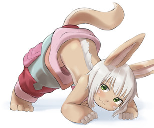 anthro ass_up blush bottomwear brown_body brown_fur clothed clothing female fur green_eyes grey_background jack-o'_pose loli looking_at_viewer oversized_bottomwear oversized_clothing oversized_pants pants pose raised_tail simple_background smile solo tail topless young young_anthro youhan55 made_in_abyss nanachi narehate archived_source