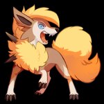 2017 ambiguous_gender black_nose blue_eyes claws digital_media_(artwork) dusk_lycanroc eeveelution feral flareon flavia-elric fluffy fluffy_tail generation_1_pokemon generation_7_pokemon hi_res hybrid looking_at_viewer lycanroc neck_tuft nintendo open_mouth paws pokemon pokemon_(species) pupils shadow sharp_teeth solo standing tail teeth tongue tuft white_sclera