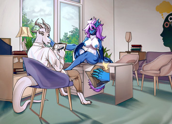 anthro armchair big_breasts blue_body blue_claws book breasts chair claws clipboard clothed clothed/nude clothed_male clothing coat collar desk digitigrade duo fangs feet female flirting foot_on_crotch furniture green_eyes hair hand_on_leg holding_object holding_pen horn inside lab_coat lamp looking_at_another male male/female note_pad nude office on_chair on_table pawpads pen pink_hair plant raised_leg sabertooth_(anatomy) seductive shelf sitting sitting_on_chair sitting_on_table smile sofa striped_body stripes table tail tail_tuft teasing teeth toe_claws topwear tree tuft white_body window writing_text writing_utensil xsissa mythology oksara_(character) saren_(saren662) dragon geldragon mythological_creature mythological_scalie scalie 2022 absurd_res digital_media_(artwork) hi_res