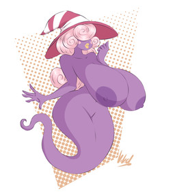 areola big_breasts blush blush_stickers breasts clothing curly_hair female ghost_tail hair hair_over_eye hat hat_only headgear headgear_only headwear headwear_only huge_breasts legless lips long_hair mostly_nude nipples not_furry one_eye_obstructed pink_hair purple_areola purple_body purple_nipples purple_scales scales simple_background solo thick_thighs white_background wide_hips witch_hat witch_hat_only yellow_lips dullvivid mario_bros nintendo paper_mario vivian_(mario) ghost humanoid shadow_siren spirit hi_res signature