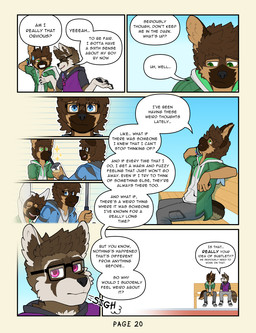 adolescent anthro athletic blue_clothing blue_eyes blue_hoodie blue_topwear bodily_fluids bracelet clothed clothed_anthro clothed_male clothing dialogue dipstick_snout eyebrow_through_hair eyebrows eyewear fluffy fluffy_tail footwear fully_clothed fully_clothed_anthro fully_clothed_male glasses green_clothing green_eyes green_hoodie green_topwear hair hoodie inner_ear_fluff jewelry male male_anthro markings outside page_number purple_eyes ring_(marking) ringed_tail shoes sneakers snowflake_pattern sound_effects striped_markings striped_tail stripes sweat sweatdrop tail tail_markings text topwear translucent translucent_hair tuft young young_anthro young_male frostedchase chase_(frostedchase) joshua_(frostedchase) max_(frostedchase) canid canine canis domestic_dog german_shepherd herding_dog hybrid mammal pastoral_dog procyonid raccoon raccoon_dog wolf comic english_text hi_res