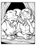 anthro beverage black_and_white border claws clothed clothing container cup daphne_lage dialogue don_bluth duo eyes_closed female fur hair inside long_hair mammal monochrome murid murine rat rodent rolled_up_sleeves shirt signature smile story story_in_description tea the_secret_of_nimh topwear tunic vest white_border