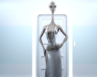 black_eyes breasts cleavage clothed clothing dress female grey_body grey_skin long_neck medium_breasts slim soft_abs solo drinkerofskies star_wars alien humanoid kaminoan 3d_(artwork) 5:4 digital_media_(artwork) hi_res