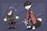 clothing costume footwear halloween_costume holidays jacket plague_doctor potion_bottle samurai sandals shoes signpost text topwear tracksuit warrior trevor-fox halloween canid canine fox goblin humanoid mammal hi_res