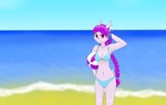 anthro beach bikini braided_hair braided_ponytail breasts cleavage clothed clothing day feathered_tail feathers female hair hand_behind_head horn looking_at_viewer medium_breasts navel pink_body ponytail purple_hair red_eyes sand sea seashore seaside simple_background solo sport swimwear tail two-piece_swimsuit volleyball water ghostth39 freedom_planet galaxytrail mythology sash_lilac aquatic_dragon dragon hybrid marine mythological_creature mythological_scalie scalie 2019 hi_res