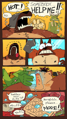 5_fingers anthro antlers balls begging beverage_can blush bodily_fluids boxers_(clothing) breath brown_body brown_fur clothing dialogue duo ellipsis erection fangs fingers fur genital_fluids genitals green_body green_fur heart_symbol horn ice ice_cube ice_on_penis ice_tray leaking_precum looking_pleasured male male/male nipple_piercing nipples nude nude_anthro nude_male open_mouth panting penis piercing precum smile speech_bubble surprised sweat tail tail_motion tailwag teeth text tongue tongue_out underwear underwear_on_head water devi1s_dozen canid canine deer mammal comic english_text hi_res watermark