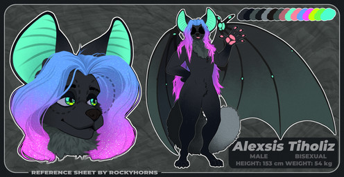 animal_ears animal_feet animal_nose anthro bangs bat_ears bat_wings black_body black_border black_fur black_skin black_wings blue_hair body_fur border claws color_swatch fangs fur gradient_hair green_eyes grey_background grey_body grey_fur hair hand_on_hip happy long_hair looking_aside looking_at_viewer male membrane_(anatomy) membranous_wings mouth_closed multicolored_hair multiple_angles navel nude open_mouth outline pawpads pink_hair purple_hair raised_hand simple_background smile solo standing tail teeth text two_tone_hair white_outline wings rockyhorns alexsis_tiholiz bat mammal absurd_res artist_name character_name english_text full-length_portrait hi_res model_sheet portrait