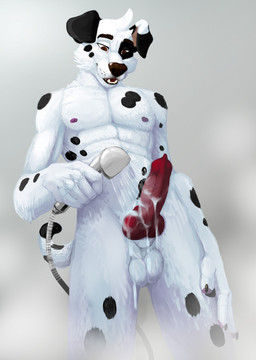 animal_genitalia animal_penis anthro balls bath bathing black_body black_fur black_spots bodily_fluids canine_genitalia canine_penis erection fur genital_fluids genitals knot looking_at_self male markings masturbation muscular muscular_anthro muscular_male nipples orgasm pawpads penis purple_pawpads sex_toy shower showering smile solo spots spotted_body spotted_fur toying_self water_jacking white_body white_fur fisis dogbert canid canine canis dalmatian domestic_dog mammal hi_res