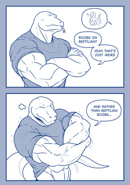 abs anthro biceps big_muscles breasts closed_smile clothed clothed_anthro clothed_male clothing crossed_arms dialogue duo emanata female forked_tongue front_view looking_at_viewer male motion_lines mouth_closed muscular muscular_anthro muscular_male non-mammal_breasts offscreen_character one_eye_closed question_mark removing_shirt shirt small_comic smile smiling_at_viewer snout speech_bubble tail talking_to_another talking_to_viewer text tongue tongue_out topwear undressing undressing_self vein veiny_muscles wink winking_at_viewer gingatetsudou21 soendapuss andi_(gingatetsudou21) komodo_dragon lizard monitor_lizard reptile scalie 2025 absurd_res artist_collaboration blue_and_white comic digital_drawing_(artwork) digital_media_(artwork) english_text first_page half-length_portrait hi_res monochrome portrait