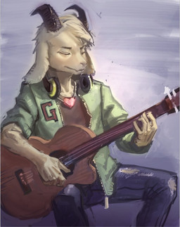 5_fingers acoustic_guitar anthro biped bottomwear clothed clothing denim denim_bottomwear denim_clothing electronics eyes_closed fingers fur guitar headphones headphones_around_neck heart_symbol holding_musical_instrument holding_object horn jacket jeans long_ears male musical_instrument pants playing_guitar playing_music plucked_string_instrument simple_background sitting solo string_instrument topwear white_body white_fur ariel_lin undertale undertale_(series) asriel_dreemurr boss_monster_(undertale) bovid caprine goat mammal 2017