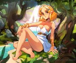 5_fingers 5_toes bag barefoot blonde_hair breasts butt clothing detailed_background feet female fingers grass green_eyes hair humanoid_pointy_ears leaf light_body light_skin not_furry plant pointy_ears sheikah_slate sitting solo tablet_computer text toes tree water waterfall squeezable nintendo the_legend_of_zelda princess_zelda humanoid hylian 2022 url