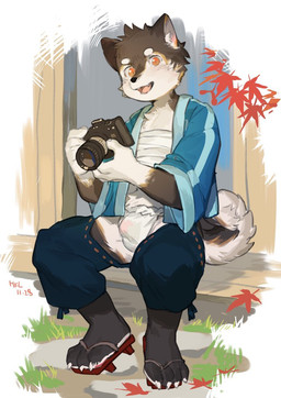 anthro asian_clothing bulge camera clothed clothing countershading detailed_bulge east_asian_clothing footwear fundoshi genital_outline geta holding_camera holding_object japanese_clothing kemono looking_at_viewer male open_mouth open_smile penis_outline shota smile smiling_at_viewer solo underwear young young_anthro young_male milkybot canid canine canis domestic_dog mammal 2021