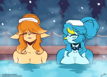 anthro blue_body blue_hair blush breasts collarbone duo eyebrow_through_hair eyebrows eyes_closed female hair hair_bun hot_spring jewelry necklace nude onsen orange_hair partially_submerged snow towel towel_on_head translucent translucent_hair water lyorenth-the-dragon undertale_yellow ceroba_ketsukane martlet_(undertale_yellow) avian bird canid canine fox mammal 2026