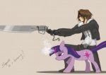 cutie_mark duo female feral fighting_pose fur gunblade hair horn male multicolored_hair pose purple_body purple_fur purple_hair quadruped tail two_tone_hair cm-art final_fantasy final_fantasy_viii friendship_is_magic hasbro my_little_pony mythology square_enix squall_leonhart twilight_sparkle_(mlp) equid equine mammal mythological_creature mythological_equine summon unicorn crossover