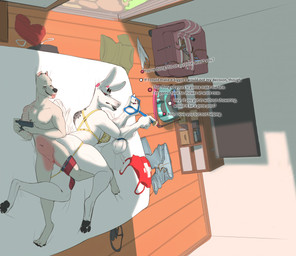 animal_genitalia animal_penis anthro bed bedroom bra breasts canine_genitalia canine_penis cellphone clothed clothing dialogue distracted distracted_sex duo electronics erection eyes_closed eyeshadow feet female female_penetrated fingers fur furniture genitals holding_cellphone holding_object holding_phone holding_smartphone inside knot knotting lying makeup male male/female male_penetrating male_penetrating_female mature_anthro mature_female nude on_back on_bed panties panties_down partially_clothed pawpads penetration penile penis penis_backwards phone sex smartphone smile stuck stuck_genitals stuck_knot stuck_penis stuck_together tail text toes tongue tongue_out underwear underwear_down vaginal vaginal_knotting vaginal_penetration white_body white_fur lavasi morgan_(lavasi) canid canine canis domestic_dog mammal pit_bull digital_media_(artwork) english_text