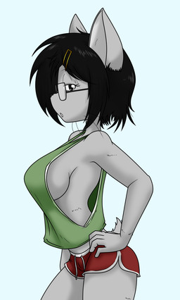 anthro big_breasts black_hair bottomwear breasts clothed clothed_anthro clothed_female clothing eyewear female fur glasses green_clothing green_shirt green_tank_top green_topwear grey_body grey_fur hair looking_at_viewer shirt shorts side_boob solo tank_top topwear wearing_glasses whiskers sandwich-anomaly vanessa_(sandwich-anomaly) domestic_cat felid feline felis mammal 2025 hi_res