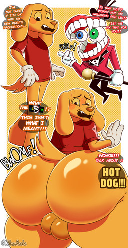 anthro backsack balls big_balls bodily_fluids bottomless bubble_butt butt butt_expansion caine_censorship cane cartoon_gloves censor_bar censored_speech censored_text clothed clothing duo expansion floating_eyes for_a_head genitals glistening glistening_body glistening_butt gloves grawlixes handwear heterochromia long_ears looking_back male onomatopoeia rear_view red_clothing red_shirt red_suit red_t-shirt red_topwear shirt simple_background snapping_fingers sound_effects speech_bubble suit sweat t-shirt tail teeth text thick_thighs topwear white_clothing white_gloves white_handwear yellow_body yellow_sclera ch4mm0zotz glitch_productions the_amazing_digital_circus caine_(tadc) scratch_(tadc) bird_dog canid canine canis domestic_dog golden_retriever humanoid hunting_dog mammal object_head retriever 2026 absurd_res english_text hi_res