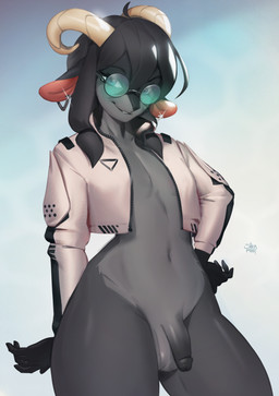 anthro balls biped blue_eyes clothed clothing cyberpunk ear_piercing eyelashes eyewear flaccid front_view fur genitals glasses grey_balls grey_body grey_fur grey_hair grey_penis gynomorph hair horn humanoid_genitalia humanoid_penis intersex jacket looking_at_viewer open_clothing open_jacket open_topwear penis piercing round_glasses simple_background solo standing tan_horn tinted_glasses topwear shermugi bovid caprine mammal hi_res portrait signature three-quarter_portrait