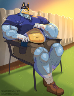 abs anthro barazoku belly belt beverage beverage_can biceps big_muscles bodily_fluids bottomwear can chair clenched_teeth clothed clothing collared_shirt container day deltoids dirt eyebrows fence footwear frown fur furniture grass heat_(temperature) huge_muscles kemono male midriff muscular muscular_anthro muscular_male musk narrowed_eyes navel on_chair outside pecs plant quads raised_clothing raised_shirt raised_topwear shadow shirt shoes shorts sitting sky small_head socks solo square_head summer sun sweat sweat_stain teeth text thick_arms thick_thighs tight_clothing topwear triceps tuft uncomfortable somniumfox bluey_(series) bandit_heeler australian_cattle_dog canid canine canis cattledog domestic_dog herding_dog mammal pastoral_dog 2026 absurd_res artist_name hi_res