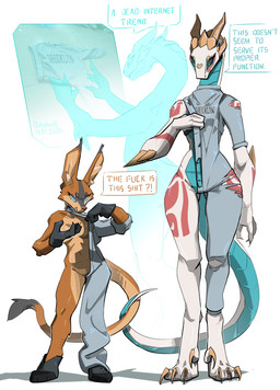 angry black_sclera blue_body blue_eyes blue_scales breasts brown_body claws clothing clothing_pull convenient_censorship dialogue digitigrade duo ear_tuft featureless_crotch female footwear furgonomic_footwear furgonomics furrowed_eyebrows horn larger_female long_ears long_neck long_tail oversized_clothing profanity scales size_difference small_breasts small_waist smaller_female speech_bubble spikes spikes_(anatomy) sweater sweater_pull tail tail_tuft text topwear topwear_pull torn_clothing tuft undersized_clothing ventral_scales white_body wide_hips bokdan0 brooklyn_sweater meme_clothing mythology dragon mammal mythological_creature mythological_scalie scalie 2026 english_text hi_res meme