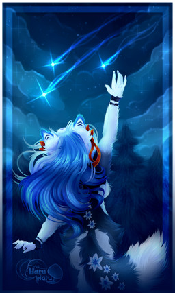 anthro blue_body blue_fur blue_hair bow_tie cloud detailed_background detailed_fur female fluffy fluffy_tail forest forest_background fur hair long_hair nature nature_background plant rear_view ribbons scenery shooting_star sky solo star tail tree white_body white_fur haruwaru canid canine mammal 3:5 absurd_res detailed hi_res