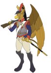 abs anthro armor beak boots bottomwear claws clothed clothing feathered_wings feathers footwear gun headgear headwear helmet holding_object holding_weapon legwear male melee_weapon military military_uniform muscular muscular_anthro muscular_male musket ranged_weapon shoes simple_background solo sword tail topwear uniform warrior weapon wings draco-rex_(artist) mythology carpo avian gryphon mythological_avian mythological_creature