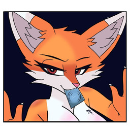 anthro border condom female fur orange_body orange_fur sexual_barrier_device solo white_body white_border white_fur kami_fox_10 canid canine fox mammal digital_drawing_(artwork) digital_media_(artwork) hi_res