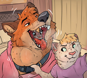 anthro bed blonde_hair blue_eyes bunny_costume clothing collar costume cuck_vore forced furniture gold_(metal) gold_tooth group hair head_in_mouth last_look male male/male neck_bulge open_mouth oral_vore pink_bunny_costume sharp_teeth smile swallowing teeth tongue tongue_out trio unwilling_prey vore willing_prey baileyx canid canine domestic_cat felid feline felis fox lagomorph leporid mammal rabbit colored hi_res