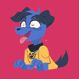4_fingers anthro black_collar black_nose blue_body blue_fur bodily_fluids clothing collar drooling fingers fist floating_heart floppy_ears fur grey_body grey_fur heart_eyes heart_symbol leaning leaning_forward male open_mouth pink_background raised_hands saliva shirt simple_background smile solo tail tail_motion tailwag tongue tongue_out topwear yellow_clothing yellow_shirt yellow_topwear dalueart dalue_(dalueart) canid canine canis domestic_dog mammal 1:1 2d_animation animated animated_webp hi_res loop