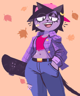 anthro clothing female fur jacket leaf purple_body purple_clothing purple_fur purple_jacket purple_topwear skateboard solo topwear vehicle newtype_hero kit-flip_(nuclearmime) felid mammal