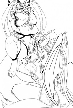 anthro ball_gag bdsm bondage bound breasts chain cunnilingus dominant duo feathered_wings feathers female gag genitals horn male male/female membrane_(anatomy) membranous_wings muscular nipples no_pupils oral sex sharp_teeth slightly_chubby teeth thick_thighs tongue tongue_out vaginal vulva wings doedog bat mammal vampire aliasing digital_media_(artwork) hi_res monochrome sketch