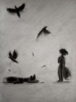 ambiguous_gender anthro biped death feathers fluffy flying fur group looking_up lying on_front simple_background soul standing tail tangerinefox casualties:_unknown avian bird canid canine expie_(gunsawian) gunsawian hybrid mammal murid rodent 2026 absurd_res chalk_(artwork) charcoal_(artwork) graphite_(artwork) greyscale hi_res monochrome traditional_media_(artwork)