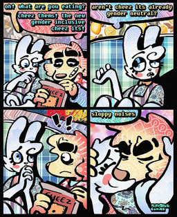 4_panel_comic aloha_shirt anthro bow_tie cheek_spots cheek_tuft clothing dialogue duo facial_tuft floppy_ears fur half-closed_eyes kissing male narrowed_eyes overalls pattern_clothing pattern_shirt pattern_topwear shirt smile speech_bubble teeth text tooth_gap topwear tuft white_body white_fur wide_eyed yellow_body yellow_fur rawdawgcomics cheez-its bingus_(rawdawgcomics) stahli_(rawdawgcomics) bird_dog canid canine canis domestic_dog golden_retriever hunting_dog lagomorph leporid mammal rabbit retriever comic english_text hi_res