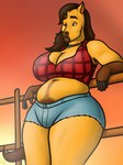 anthro armpit_hair belly big_breasts body_hair bottomwear breasts cleavage clothed clothing crossgender curvy_figure female fence fur hair hairy looking_at_viewer mtf_crossgender pubes pubes_exposed shorts simple_background slightly_chubby solo standing tail thick_thighs oystercatcher7 dreamworks spirit:_stallion_of_the_cimarron spirit_(cimarron) equid equine horse mammal digital_media_(artwork) hi_res