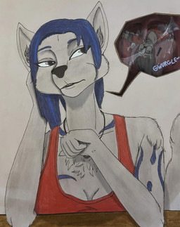 adam's_apple anthro arm_tuft black_nose blue_body blue_eyes blue_fur blue_hair bodily_fluids bottomwear breasts breath cheek_bulge cheek_tuft chest_tuft clothing collarbone crop_top denim denim_bottomwear denim_clothing dripping duo exclamation_point eyewear facial_tuft female fur fur_markings glasses grey_body grey_fur hair in_mouth inner_ear_fluff jeans jewelry long_hair looking_down male male/female markings medium_breasts necklace onomatopoeia oral_vore pants papillae punk_hair purple_eyes red_clothing red_shirt red_topwear reverse_mouth_shot saliva saliva_drip saliva_string scared shirt shoulder_tuft soaked_in_saliva sound_effects t-shirt tabletop teeth text tonsils topwear tuft uvula vore dylanaildon_no_2 toby_(dylanaildon_no_2) zoe_(cakeinferno) canid canine fox human mammal absurd_res hi_res shaded traditional_media_(artwork)