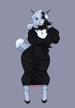5_fingers anthro big_breasts black_clothing black_dress black_hair blue_eyes bracelet breasts claws cleavage_cutout clothed clothing curvy_figure cutout dress ear_tuft eyewear female fingers footwear foulard fur grey_body grey_fur hair heterochromia high_heels huge_breasts jewelry lips long_dress looking_at_viewer markings multicolored_body multicolored_fur multicolored_hair open_mouth pointy_ears purse ring_(jewelry) shoes simple_background smile solo spots spotted_body spotted_fur sunglasses sunglasses_down sunglasses_on_face tail teeth thick_lips thick_thighs tuft voluptuous wearing_sunglasses white_body white_fur white_hair wide_hips goddamnitrobin karen_wyatt felid feline lynx mammal 2026 digital_media_(artwork) hi_res herm_(lore)